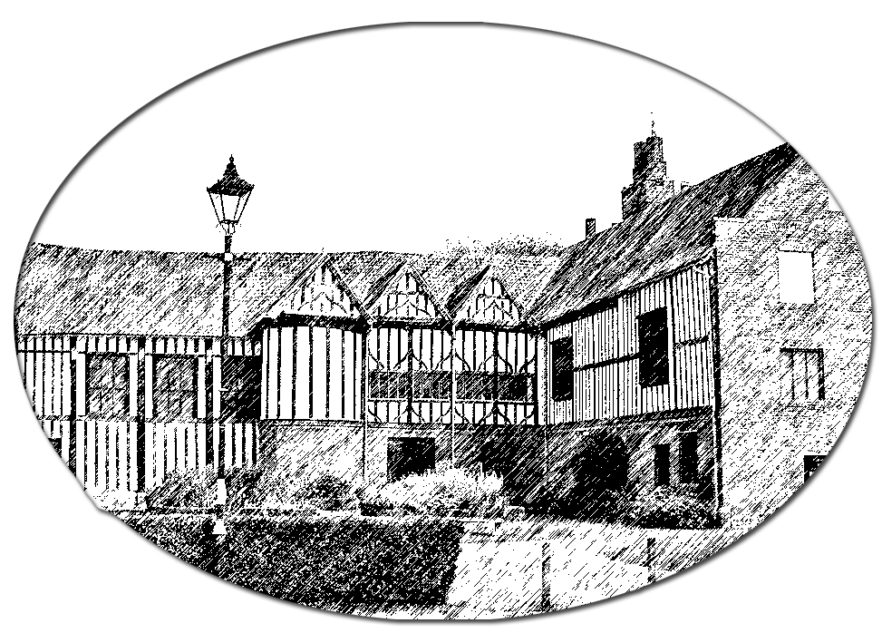A pen and ink drawing of the timber-framed range and brick tower of Gainsborough Old Hall, seen from the street with a lamp post in the foreground.