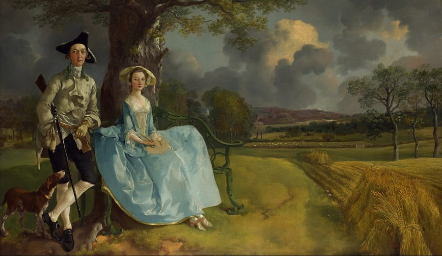 A landowner with his gun and his seated wife beneath an oak, their Suffolk cornfields and grazing land filling the right half of the canvas.
