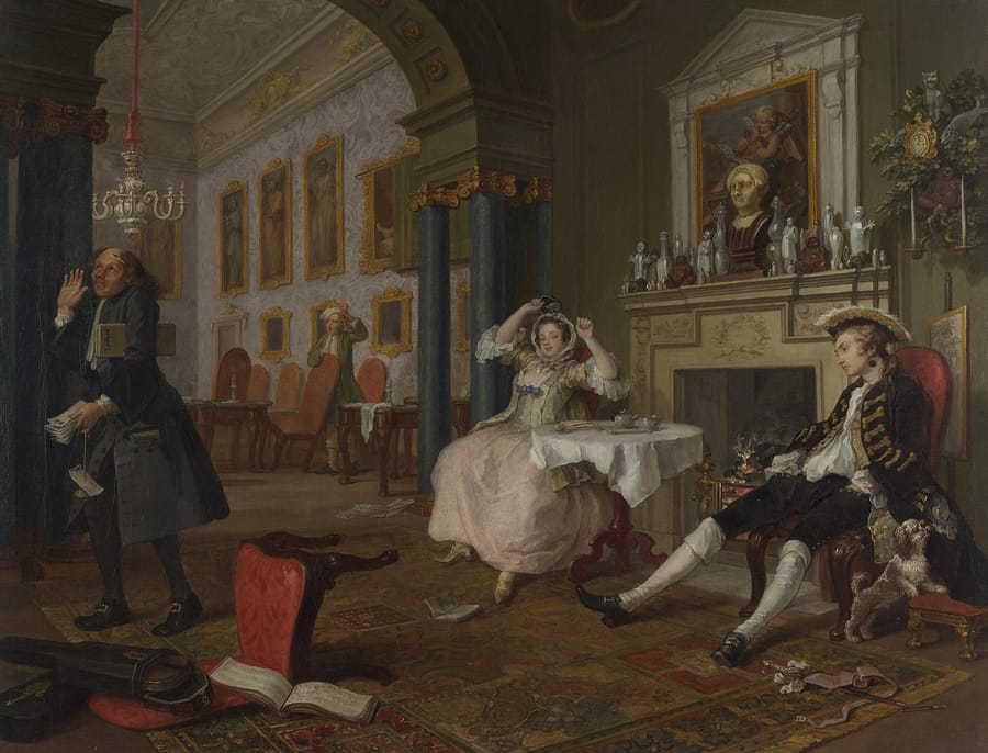 A young married couple slumped in a disordered drawing room the morning after, a steward leaving with a sheaf of unpaid bills.