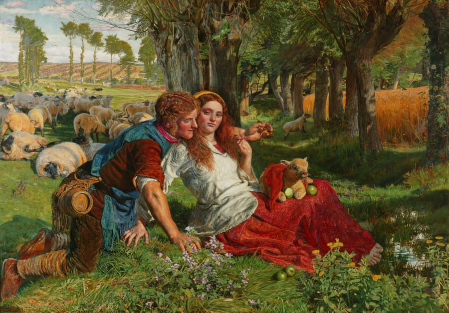 A shepherd leaning over a seated country girl in a hot green meadow, his flock straying unwatched into the corn behind them.