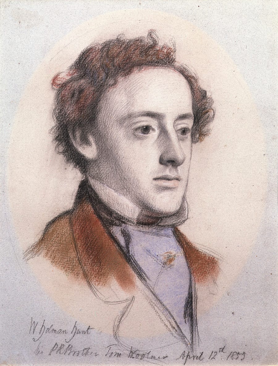A young man with dark auburn hair and a high collar, drawn in chalk as a head-and-shoulders bust against a plain ground.