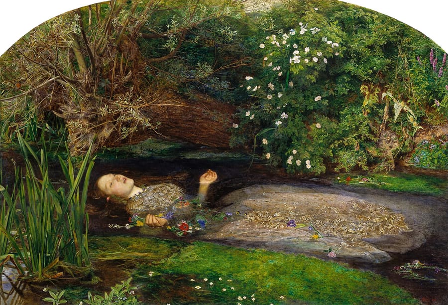 Ophelia floating in a stream among reeds and flowering banks, her dress spread on the water, every leaf painted in sharp detail.