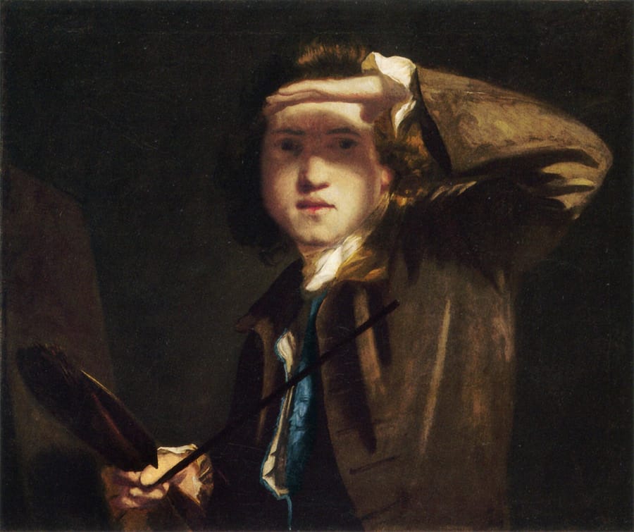 The young painter turning towards the viewer, one hand raised against the light, a palette and brushes in the other.