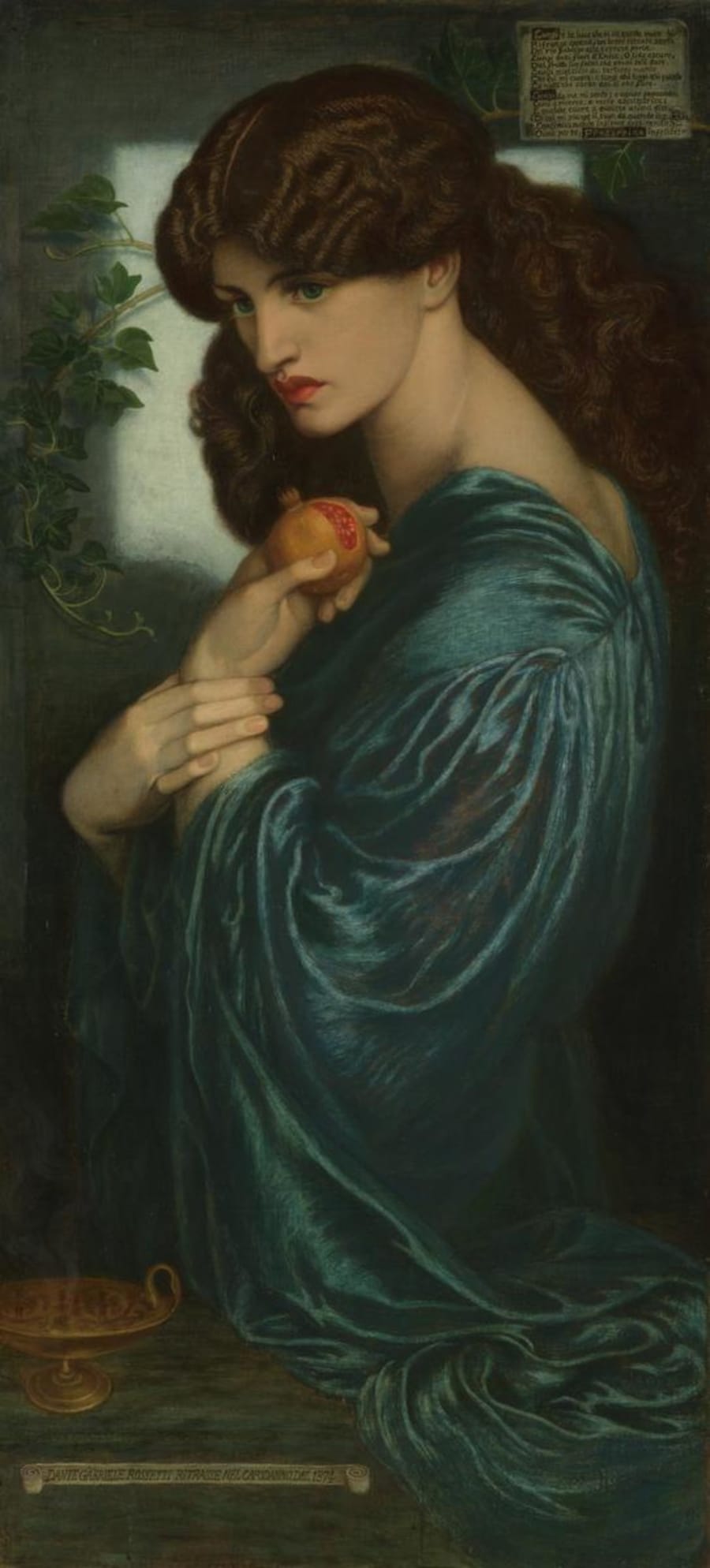 A dark-haired woman in a green robe holding a bitten pomegranate, her face turned in three-quarter profile against deep shadow.